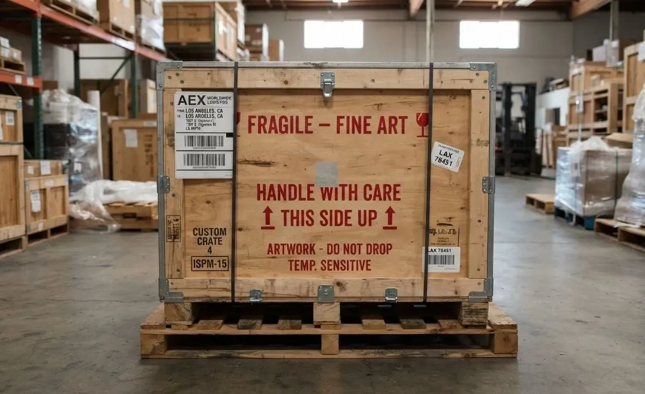 A wooden art shipping crate with customs labels being loaded for transport from Latin America to the United States